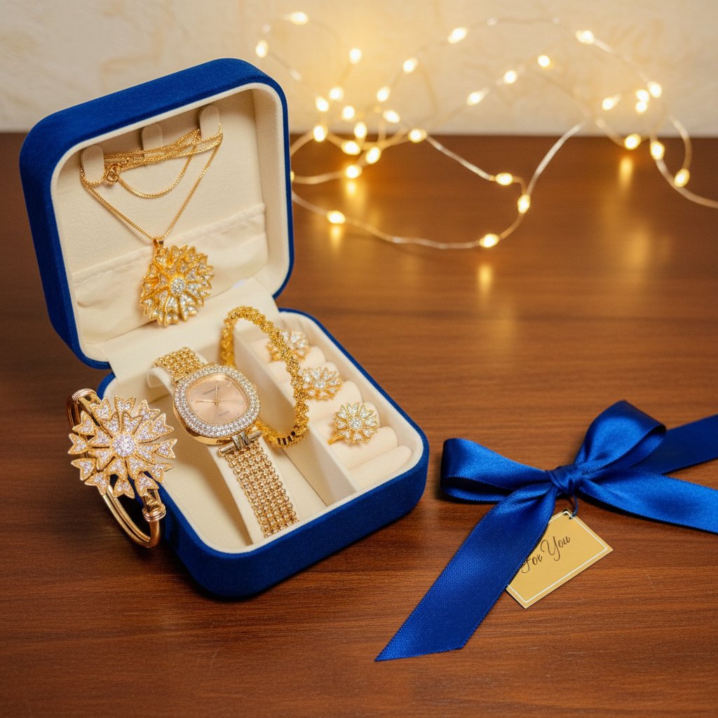 Luxury 6-in-1 Women's Jewelry & Watch Gift Set (Premium Velvet Box Included)
